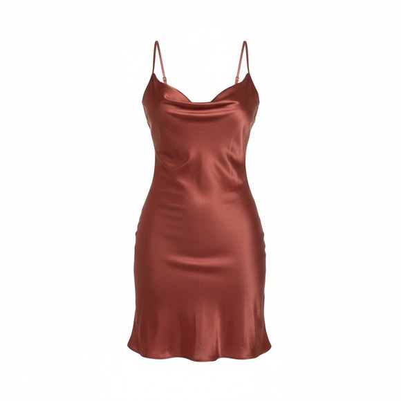Rust Copper Satin Slip Mini Dress Built-in Bodysuit Side Slit Womens XS Y2K 90's - Picture 3 of 12